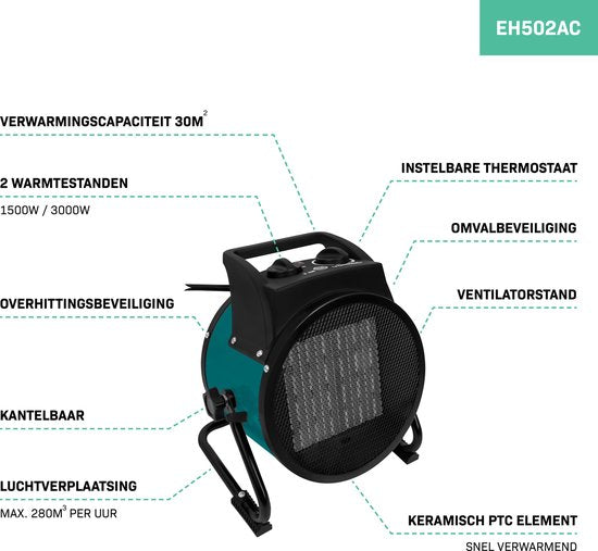 VONROC Elektrische kachel - straalkachel - 3000W - 3 standen - keramisch element - voor ruimten tot 30 m2