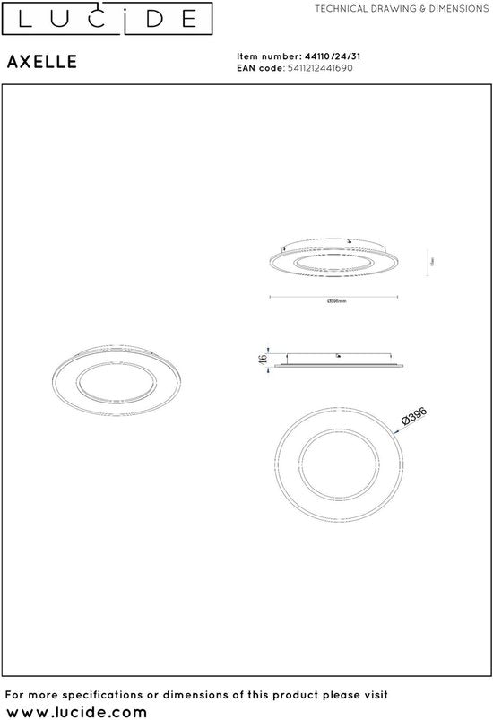 Lucide AXELLE - Plafonnière (Plafondlamp) - Ø 39,6 cm - LED 3 StepDim - 1x24W 2700K - Wit