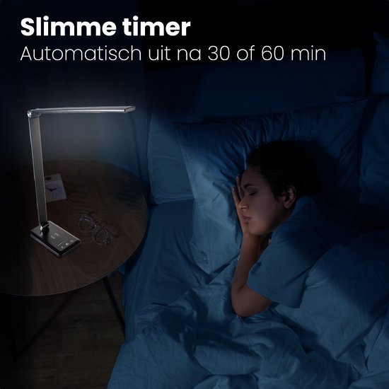 Auronic Bureaulamp - LED - USB en Draadloos Mobiel Opladen - Timer - Dimbare Klemlamp - Wit en Warm Licht - Zwart