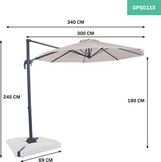 VONROC Zweefparasol – Kantelbaar & Incl. Beschermhoes – Ø300 x 245 cm – Beige