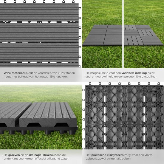 tectake® WPC houten tegels - Houtlook tegels - Weerbestendig - Vloerbedekking voor buiten - Vloertegels - Balkonvloer - Terrastegels met kliksysteem - Afvoer - Set van 22 - Grijs