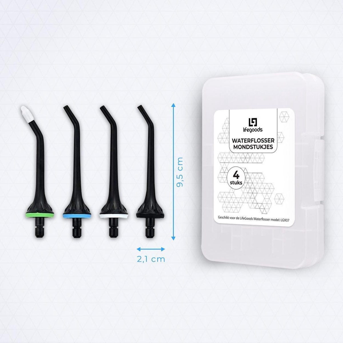LifeGoods Flos Opzetstuk - 4 Stuks - Voor Flosapparaat - Zwart/Wit/Groen/Blauw