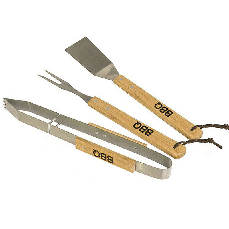 BBQ/barbecue gereedschap set 3-delig met houten handvatten - Tang - Vork - Spatel