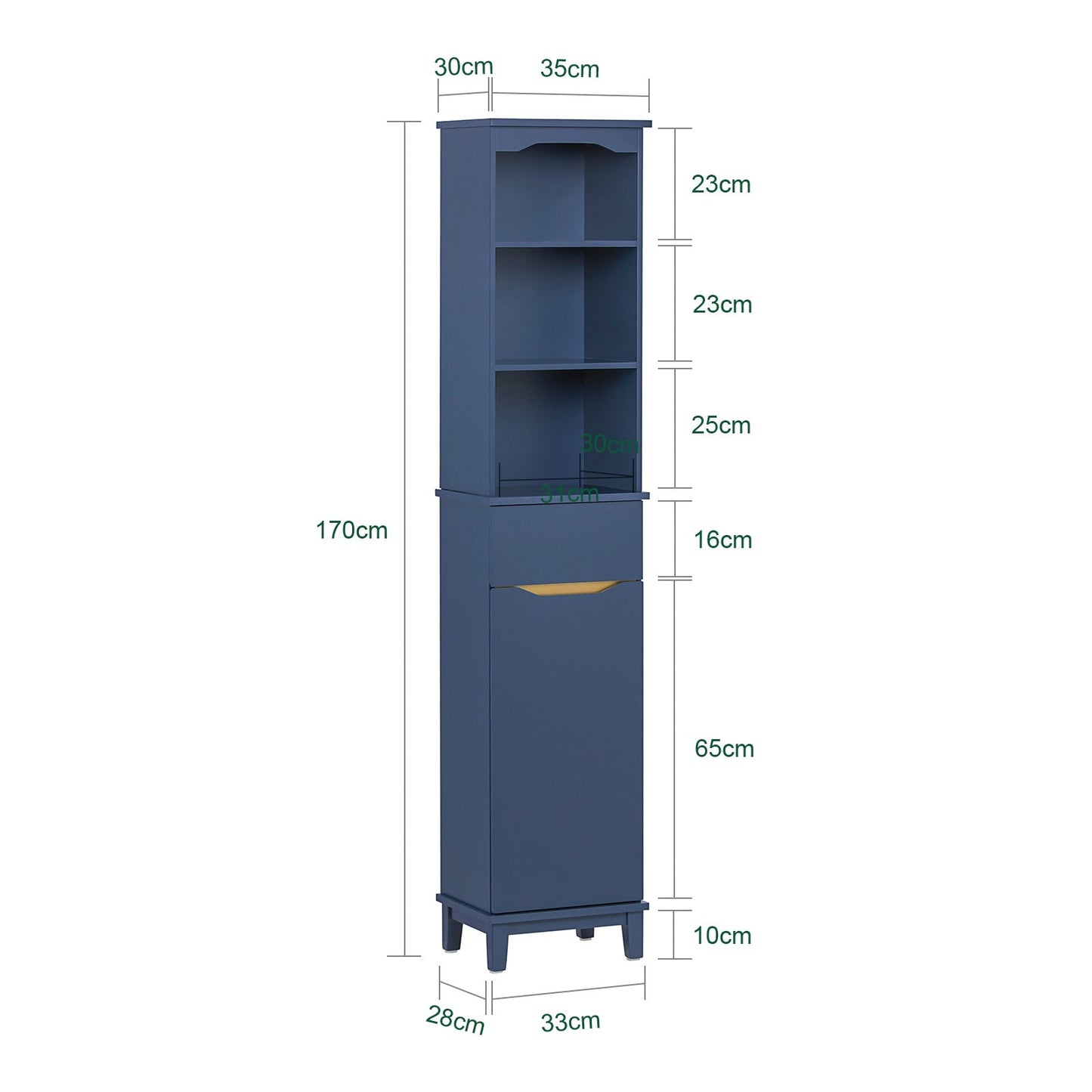 SoBuy Badkamer Kolomkast - Hoge kast - 3 Plank - 1 Deur - 35 x 30 x 170 cm - Blauw