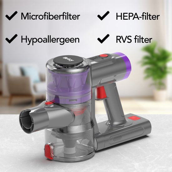 Brixy Steelstofzuiger Draadloos - 30 kPa Zuigkracht - 50 Min Gebruiktijd - Meerdere Filters - Kruimeldief - Draadloze Stofzuiger - Vacuum Cleaner - Grijs/Paars