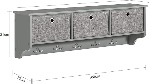 SoBuy FRG282-HG Wandkapstok – 3 Manden & 5 Haken – Grijs – 100 x 20 x 31 cm