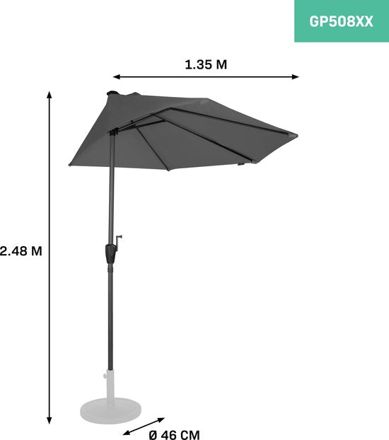 VONROC Premium Parasol Magione – Duurzame balkon parasol - Halfrond 270x135cm – UV werend doek - Grijs – Incl. beschermhoes