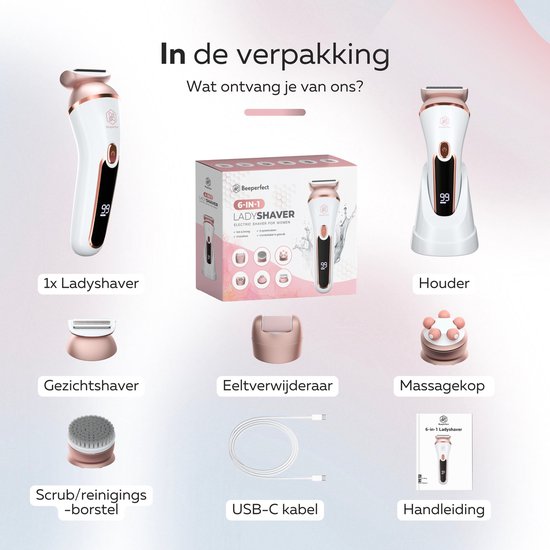 Beeperfect® 6 in 1 Ladyshaves Voor Vrouwen - Epilator - Scheerapparaat Vrouw - Bikinitrimmer - Oplaadbaar - Waterdicht - 6 Opzetstukken
