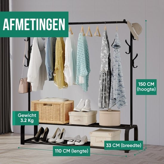 Avalo Industrieel Kledingrek - Metaal - 110x33x150 CM - Zwart - Opbergruimte Voor Schoenen - Garderoberek Met Haken