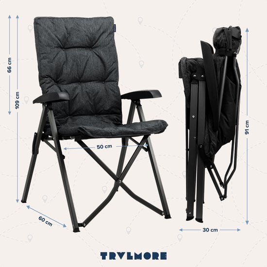 TRVLMORE Campingstoel - Inclusief Draagtas - Comfortabele Vouwstoel - 150 kg draagvermogen - Kampeerstoel - Opbergvak - Klapstoel - Zwart