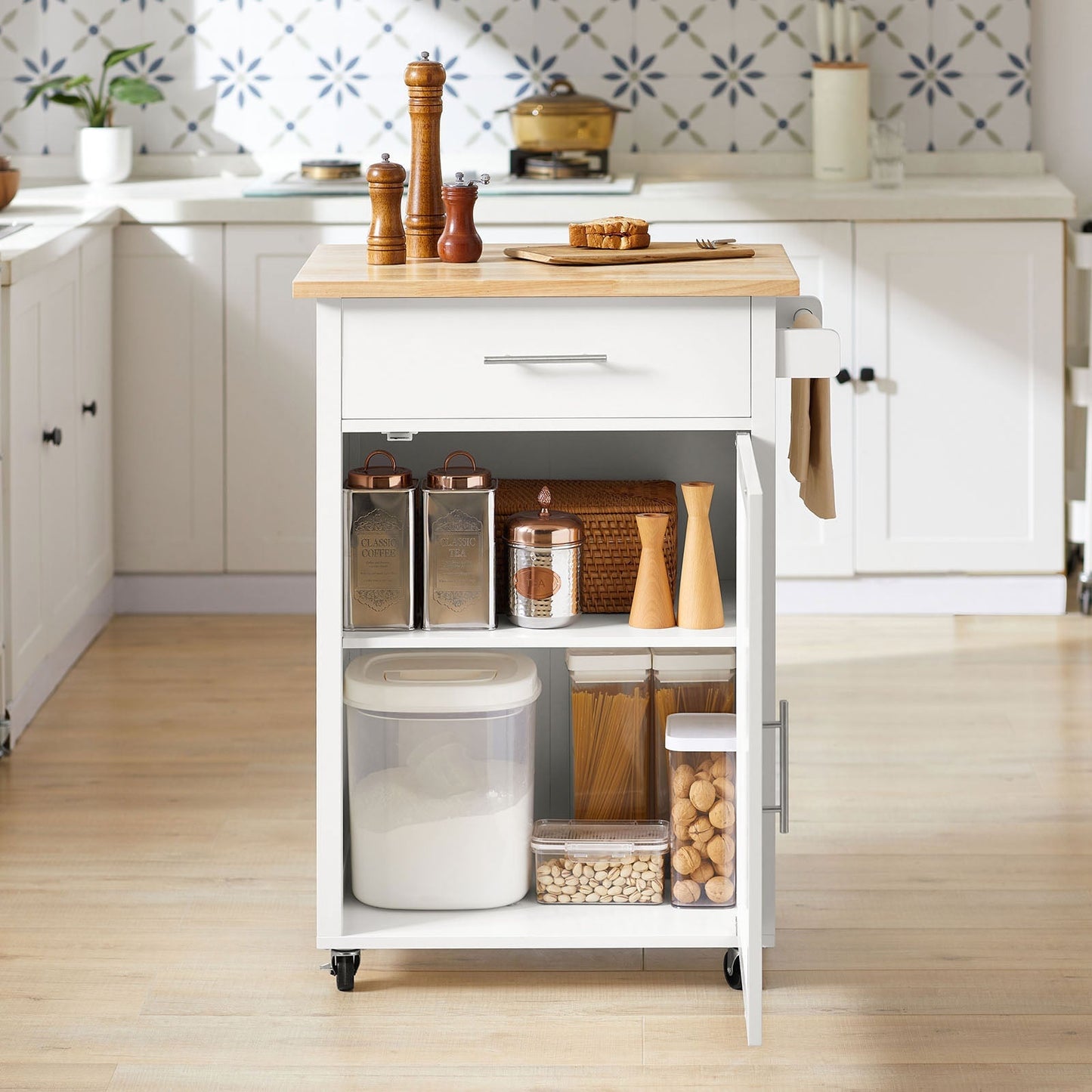 SoBuy Keukenwagen met werkblad - Met deur en lade - Max. 45KG - 68 x 46 x 90 cm - Wit