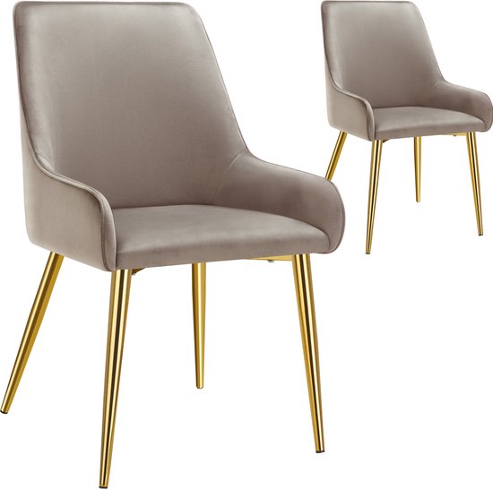 tectake® Eetkamerstoel Avane - Fluweeloptiek - Ergonomische gestoffeerde stoel met gouden stalen poten - Draagkracht 120 kg - Moderne eetkamer- en keukenstoel - Set van 2 - Taupe