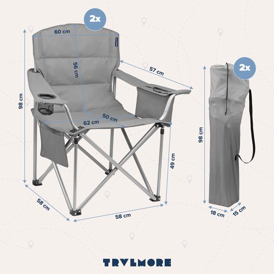 TRVLMORE Campingstoelen - Opvouwbaar - 2 Stuks - Vouwstoelen - 150 kg draagvermogen - Drankhouder - Koelvak - Zijvak - Grijs