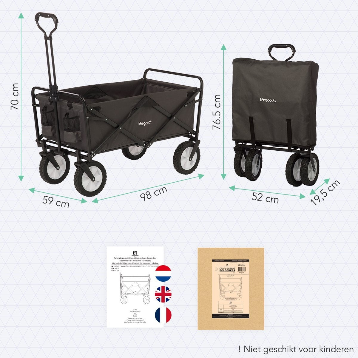 LifeGoods Bolderkar - Opvouwbaar - Draaibare wielen - 2 Standen - 70KG Draagkracht - Grijs