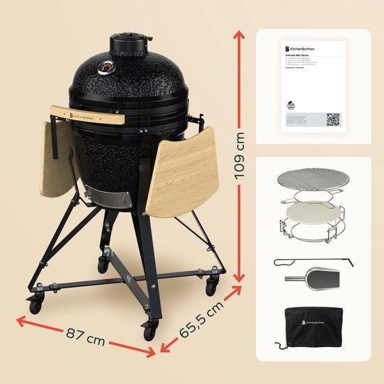 KitchenBrothers Kamado BBQ - 18 Inch Houtskool Barbecue - 38,5⌀ cm - Complete Set - Egg BBQ met Accessoires inclusief Hoes - Zwart