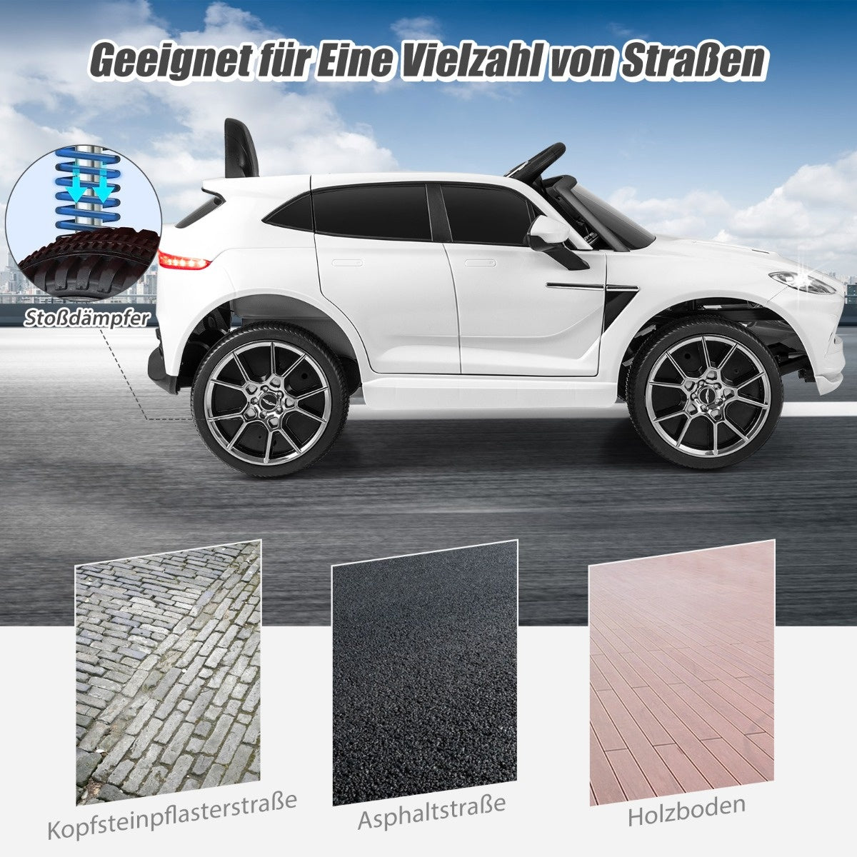 Coast 12V Aston Martin DBX kinderauto met 2,4 g afstandsbediening 1,4-2,5 km/u wit