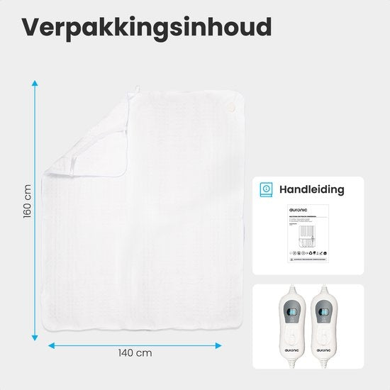 Auronic Elektrische Onderdeken - 2 Persoons - 160x140cm - met Hoekelastieken en 2 Controllers - Wit