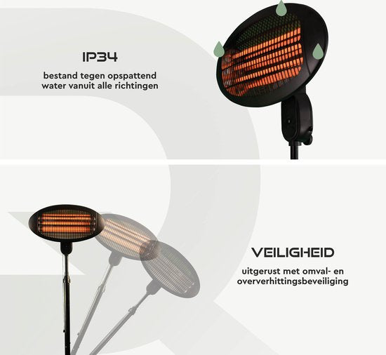BRASQ Elektrische Terrasverwarmer Staand PHS100 - Heater 2000W - 3 warmtestanden - Verstelbaar - Spatwaterdicht - Voor binnen en buiten- Zwart