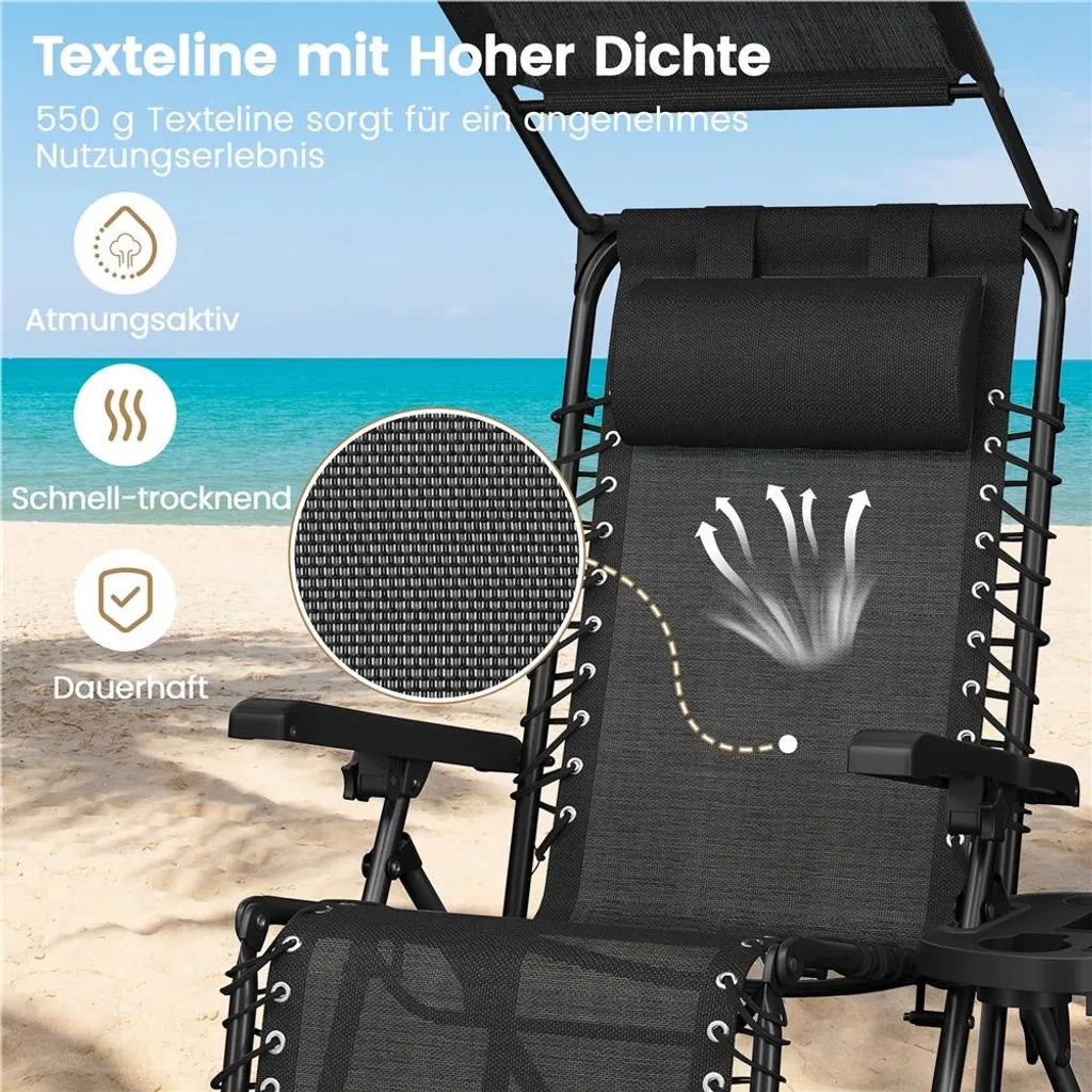Yaheetech Zero Gravity Ligstoel 166 x 64 x 70 cm - Zonnedak - Nekkussen/Bekerhouder - Zwart