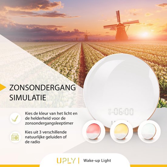 UPLY Wake Up Light - Met USB Oplaadpunt - Licht Wekker - Wekker Radio - 2 Wektijden - 7 Kleuren