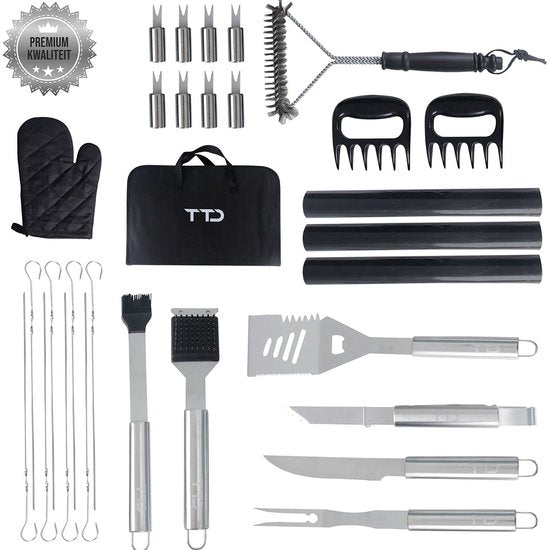 TTD® Premium BBQ Accesoires Set 30-delig - BBQ Gereedschapset RVS - Barbecue Accessoires - BBQ Tang - BBQ Spatel - Met BBQ Handschoenen en Schoonmaak Borstel - Inclusief Opbergtas