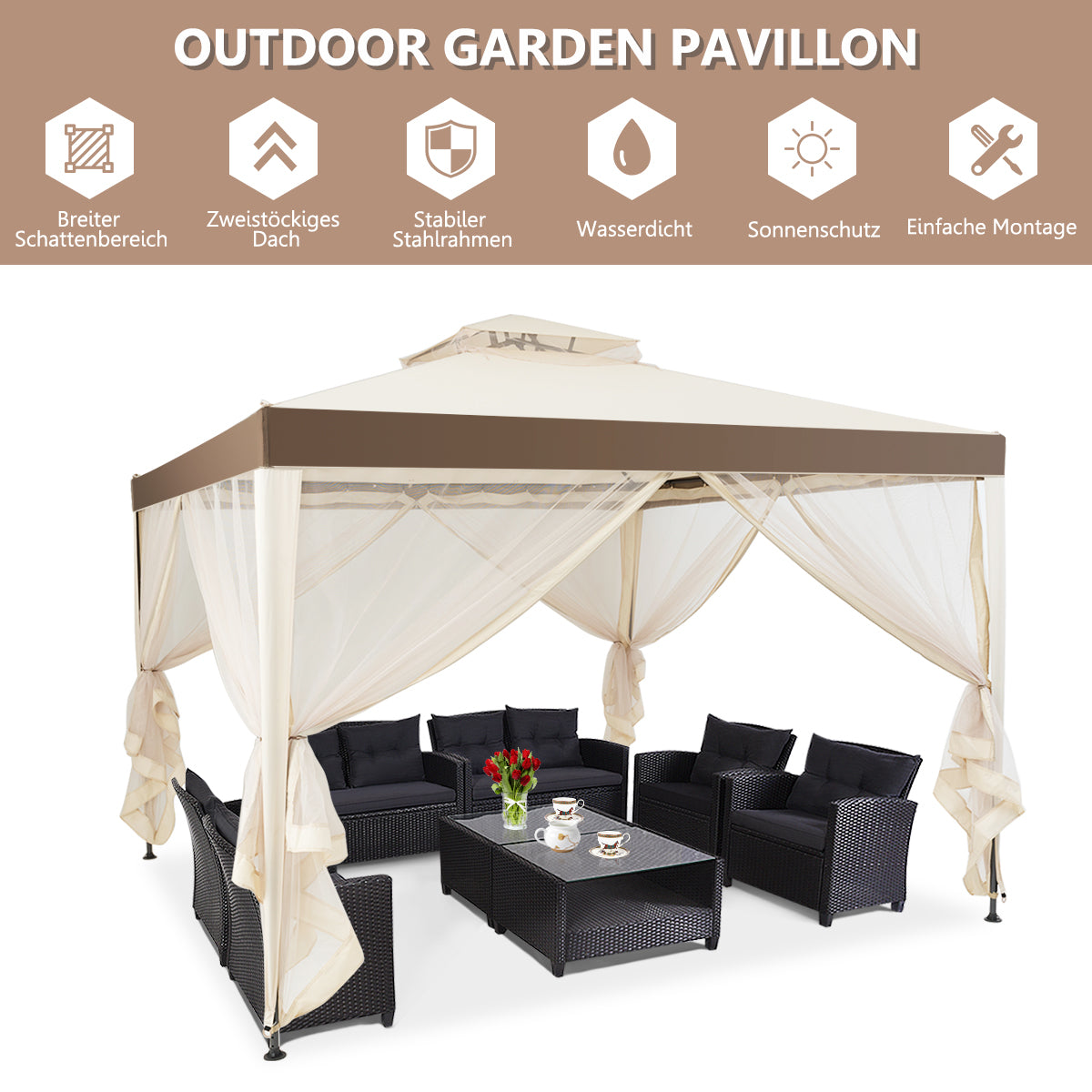 Tuinpaviljoen met 4 zijwanden - Incl. 8 Metalen Haringen en Scheerlijnen -300 x 300 x 265 cm - Beige