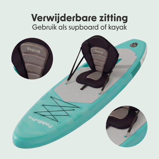 LifeGoods SUP Board Allround Compact - met Zitje - 100 KG Draagkracht - 300 x 76 cm - Opblaasbaar - Compleet SUP pakket - Mintgroen