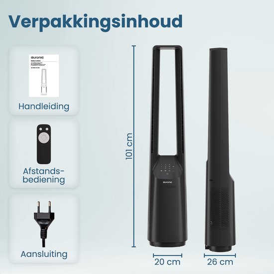 Auronic Torenventilator - Bladeless Model - Luchtkoeler - Vloerventilator - Stille Ventilator Staand - 101 CM - 6 Snelheden - Fan - Met Timer - 39 dB - Grijs