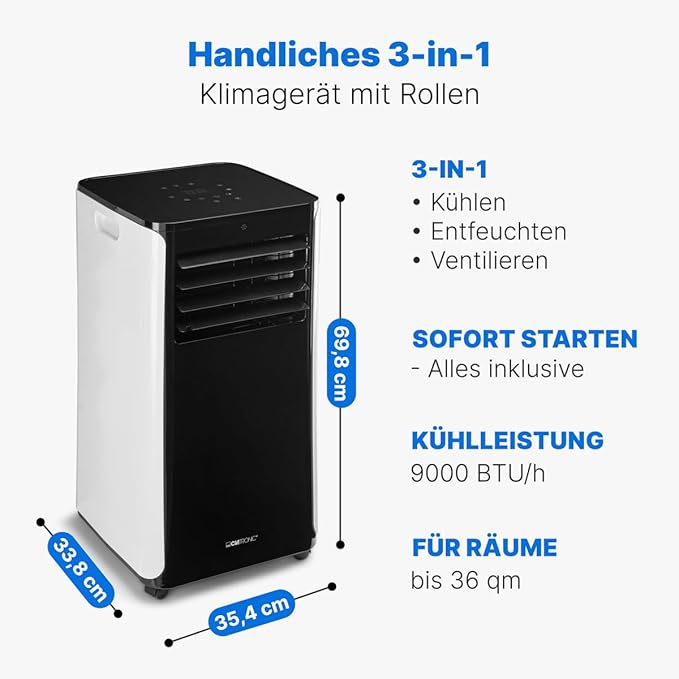 Termozeta Mobiele Airco – 3-in-1 – 9000 BTU – 33.8 x 35.4 x 68.9 cm – Wit