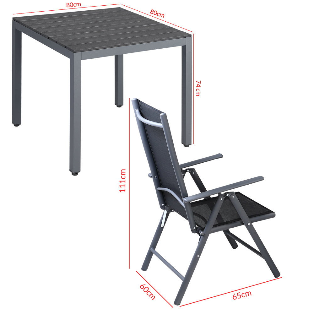 Tuinset 4 + 1 Klapstoelen Tuintafel – Aluminium 80x80cm - Grijs