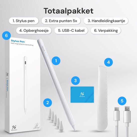 Nuvance Stylus Pen - Geschikt voor Apple iPad 2018-2026 - Touchscreen Pen - Incl. 6 Punten - Pencil