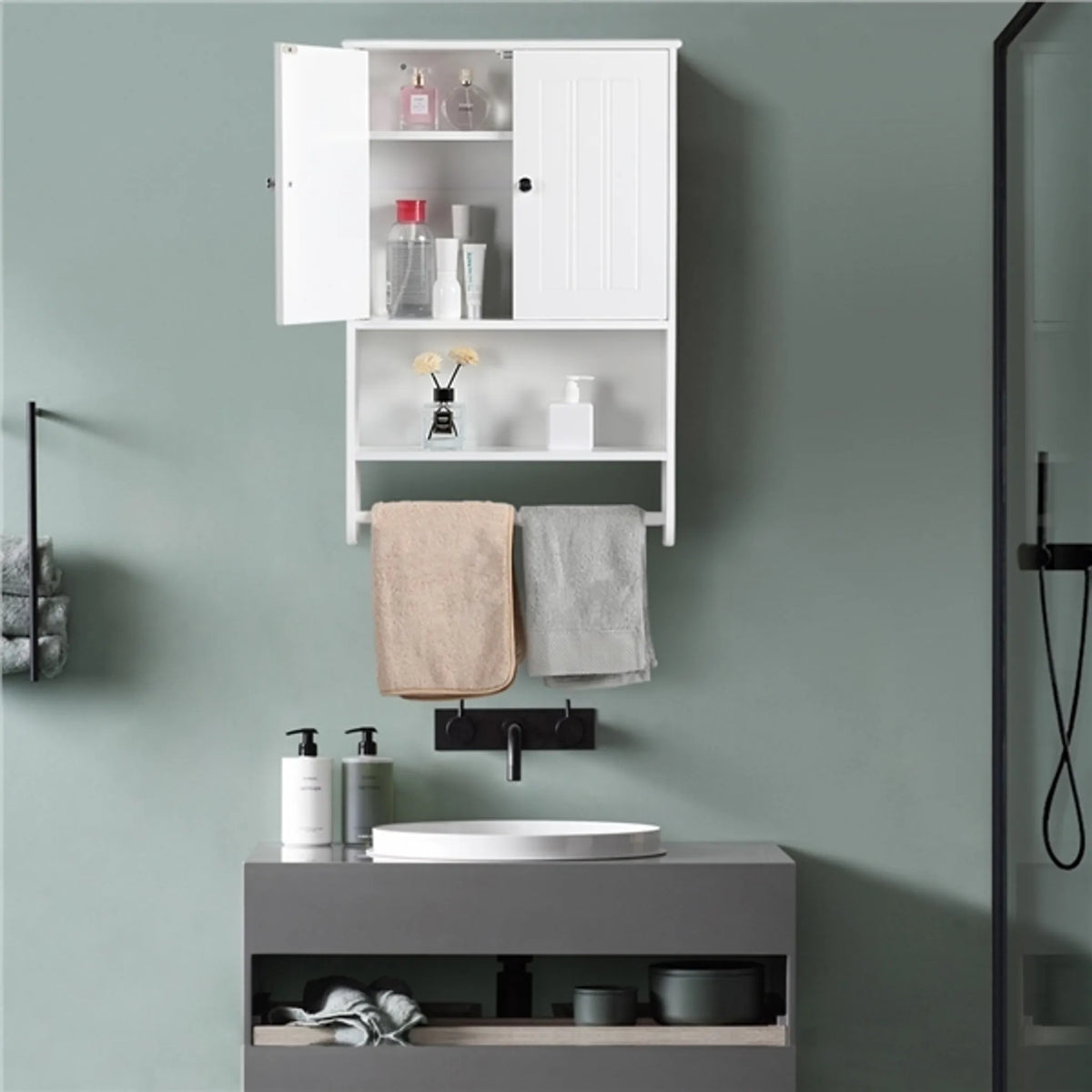Yaheetech Wandkast Badkamer - Wit - 48,5 x 14 x 73 cm - Handdoekrek, Open Vak, Verstelbare Planken