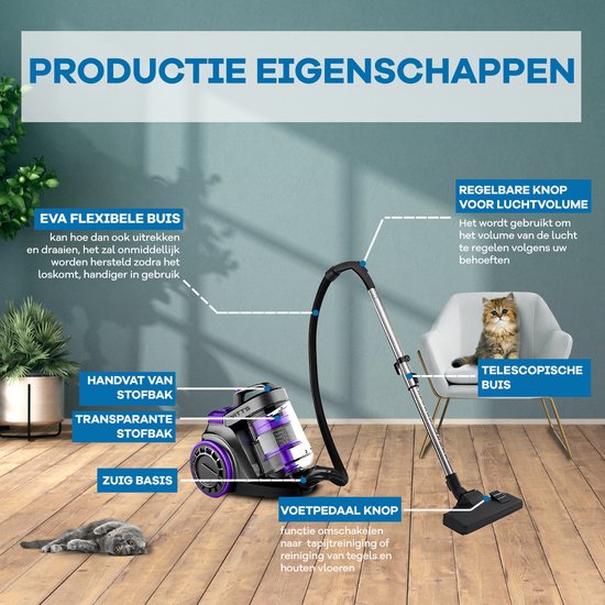 Witts Luxe Stofzuiger - Stofzuiger zonder Zak - 1200W / 30 kPa - Zwart