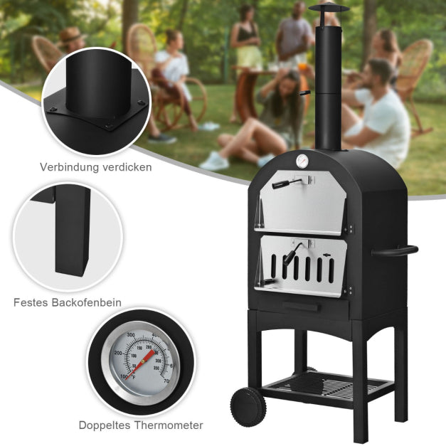 COAST Houtgestookte Outdoor Pizzaoven – Inclusief Pizzasteen en Schuif - Max. 350 ℃ - Zwart - 59 x 46 x 162 cm