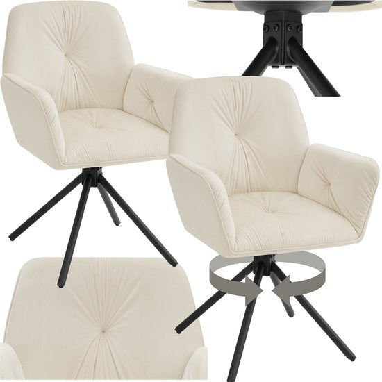 tectake® Draaifauteuil Lenia - Set van 2 Draaifauteuils met Armleuning - Draaibare Eetkamerstoel - Draaibare Fauteuils - Gestoffeerd - Fluweellook Crème/Zwart