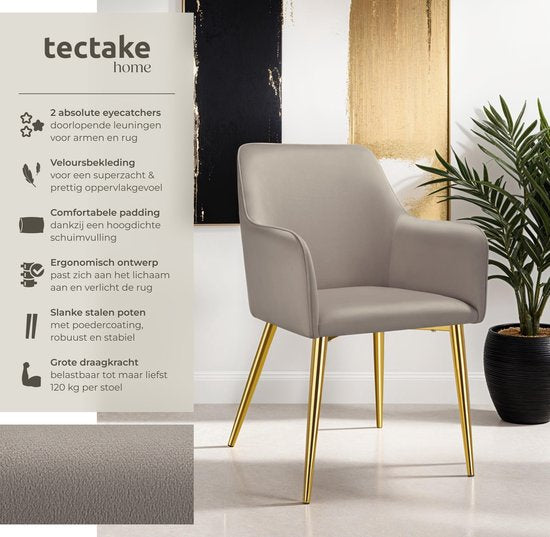 tectake® Eetkamerstoel Avane - Fluweellook - Gestoffeerde stoel met ergonomische armleuningen - Slanke stalen gouden poten - Draagkracht 120 kg - Comfortabele eetkamer- en keukenstoel - Set van 2 - Taupe