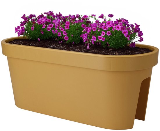 Pro Garden Balkon plantenpot/bloempot - okergeel - 60 x 25 cm - ovaal - kunststof - Reling/schutting/hangende bloempotten