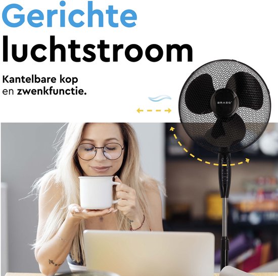 BRASQ Statiefventilator – 40 cm – Zwart – Met Afstandsbediening - Timer - Slaapmodus - In hoogte verstelbaar – Stille Ventilator - 40 Watt