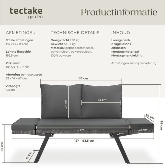 tectake® 2-in-1 Wicker Tuinbank Sintra - Verstelbare Leuningen - Tuinset - Ligbed - Balkon Loungebank - Incl. Kussens - Outdoor Loungesofa - UV- en Weerbestendig Zonnebed - Grijs