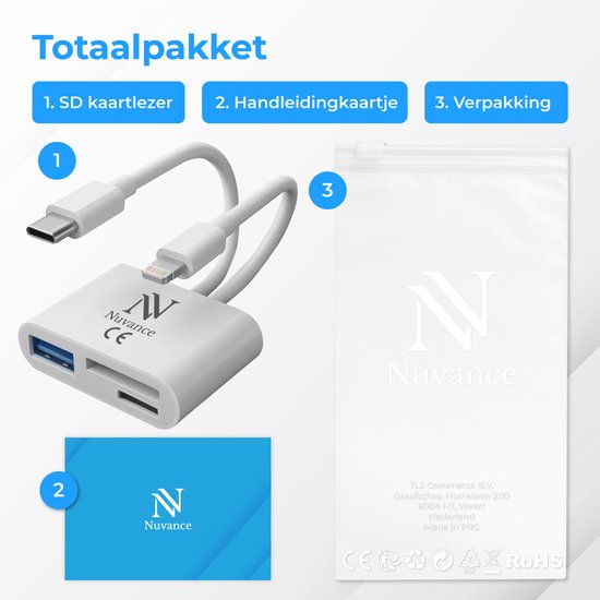 Nuvance SD Kaart Lezer - 3 in 1 - Micro SD Kaart - USB naar USB C - 8-Pin - Geschikt voor alle Telefoons, Tablets & Laptops
