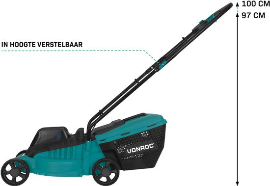 VONROC Accu Grasmaaier 20V – 32 cm maaibreedte – Borstelloze motor - Drie instelbare maai-hoogtes: 30/50/70 mm - Incl. 30L Opvangbak - Excl. Accu en snellader