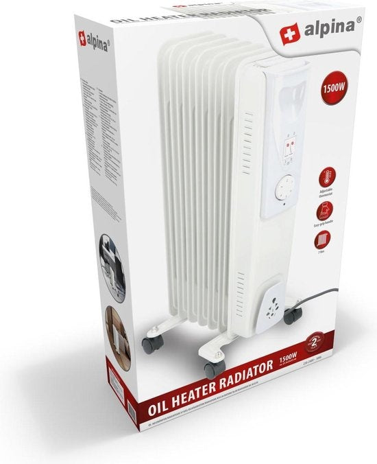 alpina Elektrische Olieradiator - Kachel met Thermostaat - Elektrische Verwarming - Bijverwarming - 1500W - Wit