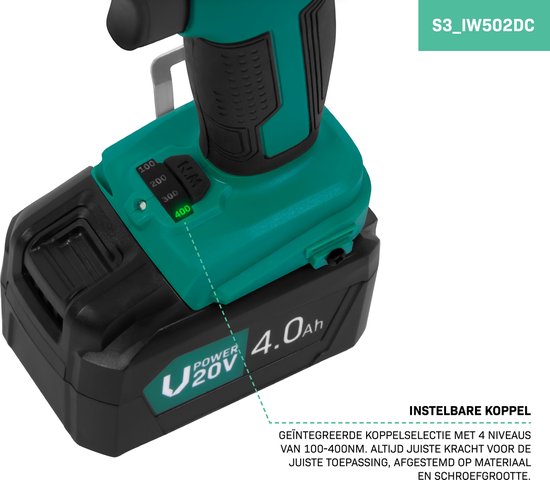 VONROC Accu slagmoersleutel 20V – 4 standen: 100/200/300/400Nm - Incl. 4 moerdoppen – geschikt voor het verwisselen van wielbouten en -moeren - Incl. 4.0Ah Accu en snellader