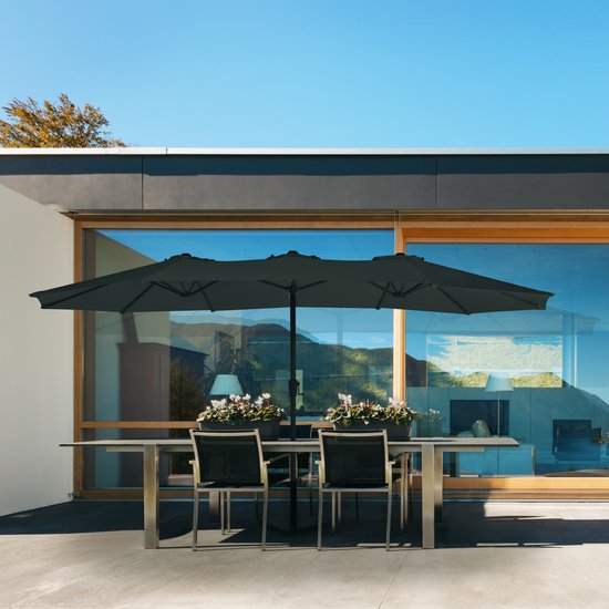 VONROC Parasol – Dubbel, UV-beschermend – 460 x 270 x 252 cm – Zwart