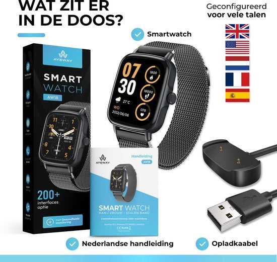 AyeWay Smartwatch - Stalen Band - Waterdicht & Touchscreen - 70 Sportmodes - Met App - Smartwatch Heren & Dames - Zwart