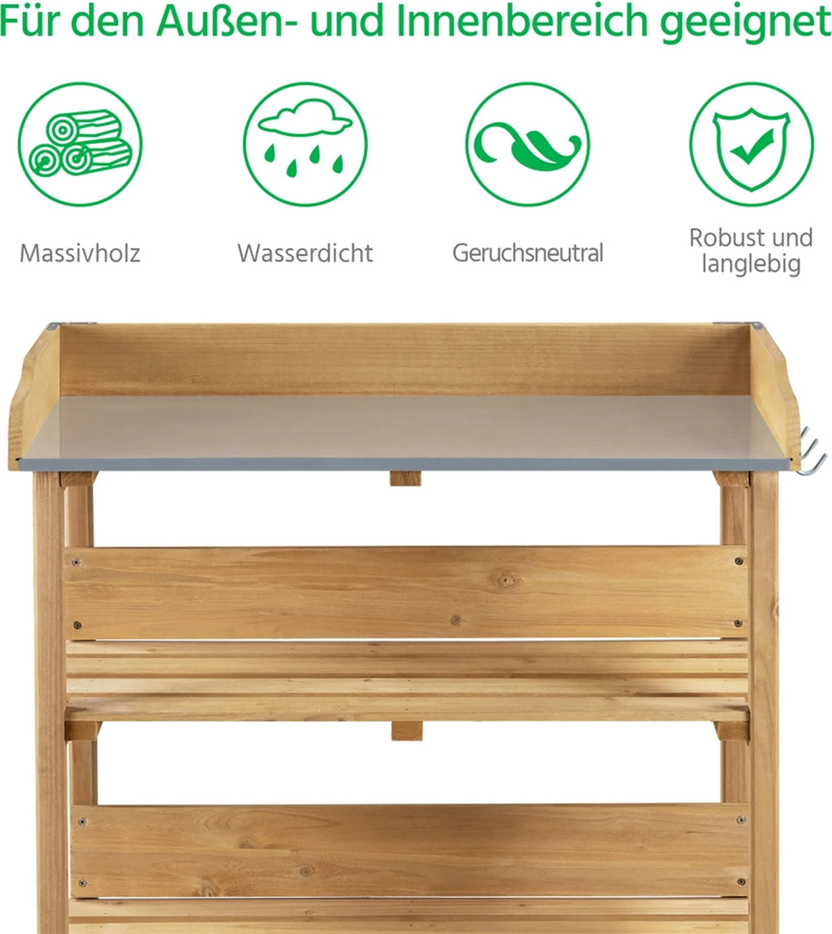 Planttafel voor Buiten met Gegalvaniseerd Werkblad 3 Planken en 3 Haken Houtkleur
