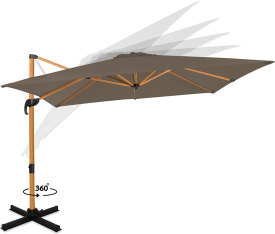 VONROC Premium Zweefparasol Pisogne 300x300cm – Incl. kruisvoet & beschermhoes – Vierkante parasol – 360 ° Draaibaar - Kantelbaar – UV werend doek – Houtlook - Zwart