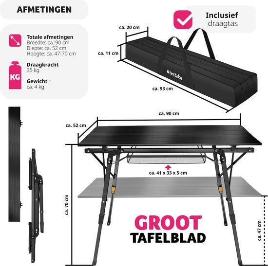 tectake®- Aluminium campingtafel kampeertafel - opvouwbaar - in hoogte verstelbaar - LxBxH: ca. 90x52x47cm - zwart - 404983