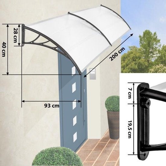 tectake Afdak voor deur – Weerbestendig & Lichtdoorlatend – 300 x 93 x 5 cm – Zwart/Transparant