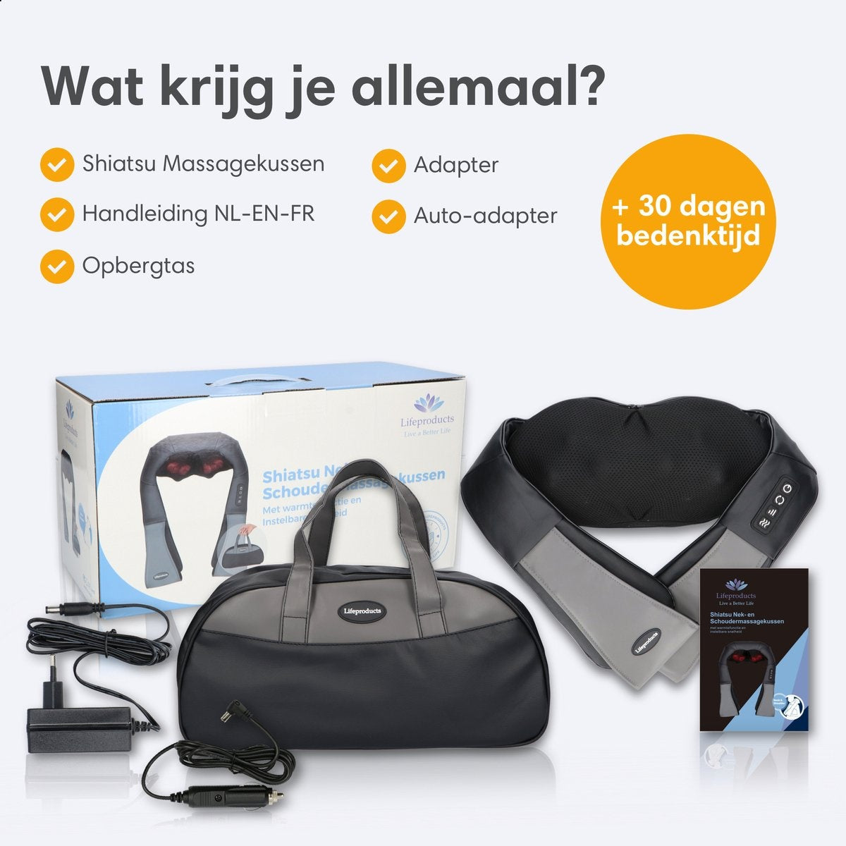 Lifeproducts Shiatsu Massagekussen- Draadloos - Verwarmd Nek- en Rugmassagetoestel - Snoerloos - Zwart